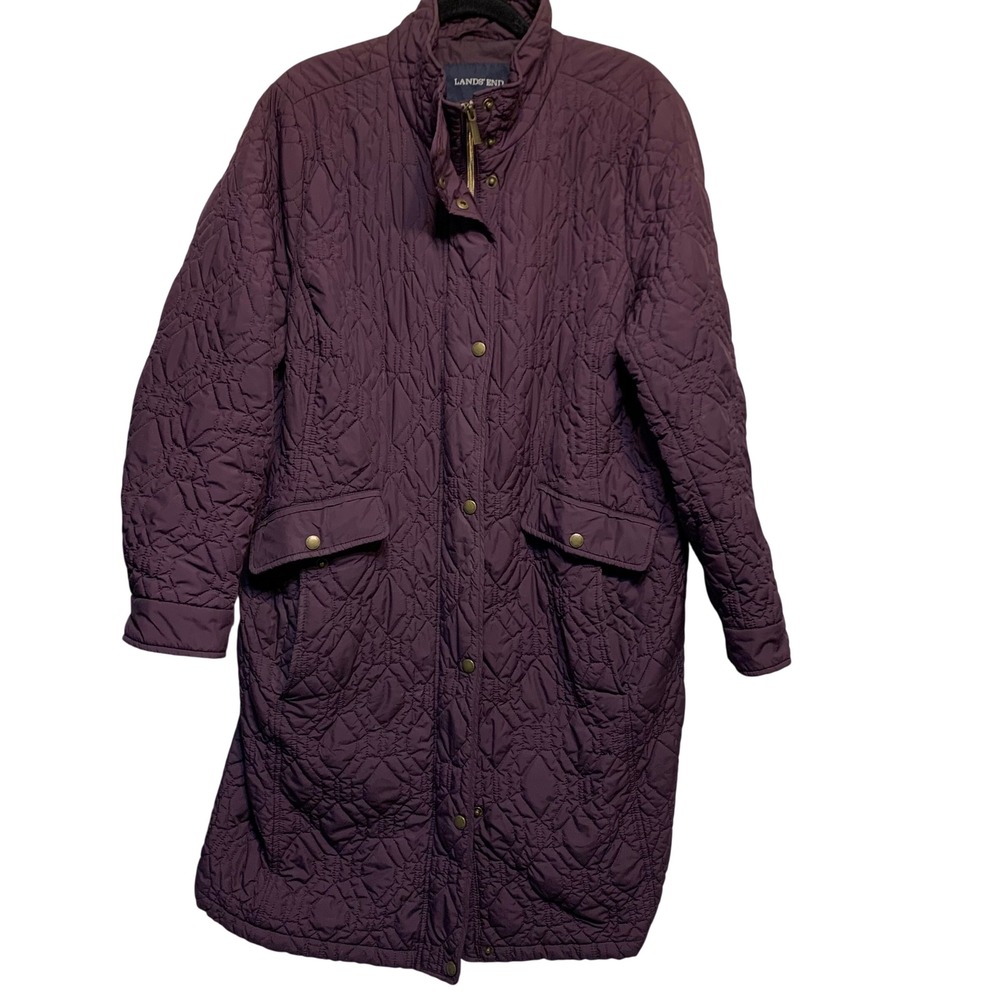 Lands End Quilted Primaloft Coat 1X Purple Geometric Longline Jacket Classic